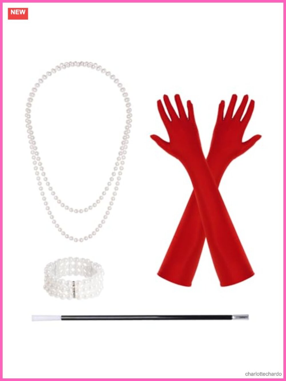 Red Gloves Pearl Necklace Bracelet Holder Set 1920s Halloween Costume